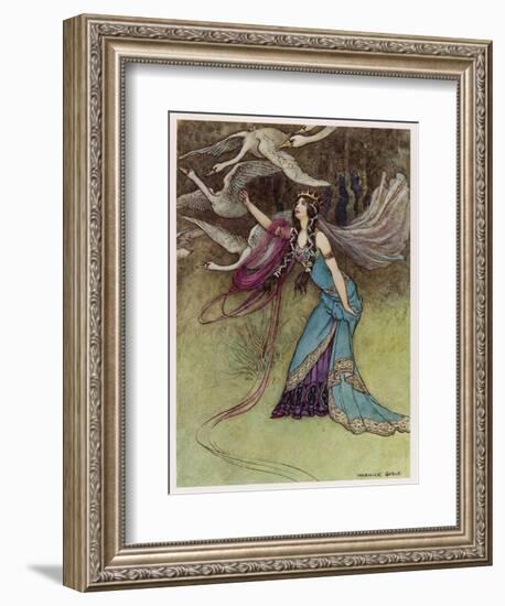 The Queen and the Six Swans-Warwick Goble-Framed Art Print