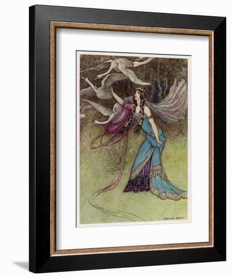 The Queen and the Six Swans-Warwick Goble-Framed Art Print