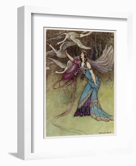 The Queen and the Six Swans-Warwick Goble-Framed Art Print