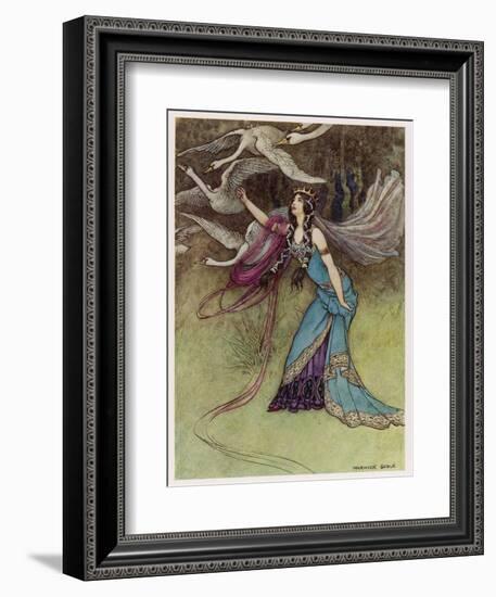 The Queen and the Six Swans-Warwick Goble-Framed Art Print