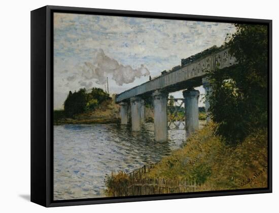 The Railroad Bridge at Argenteuil-Claude Monet-Framed Stretched Canvas