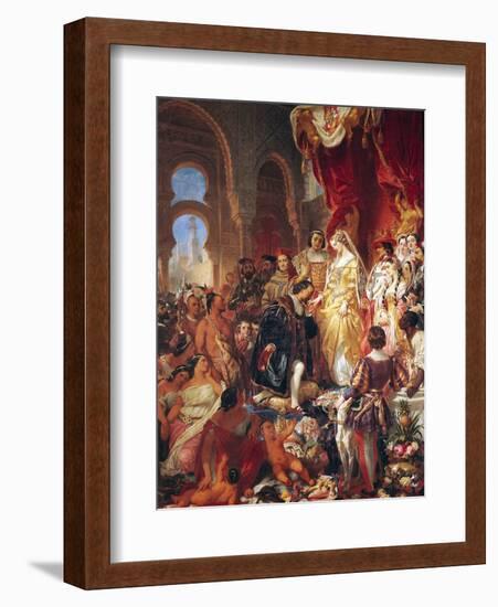 The Reception of Christopher Columbus (1450-1506) by Ferdinand II (1452-1516) of Aragon & Isabella-Eugene Deveria-Framed Giclee Print