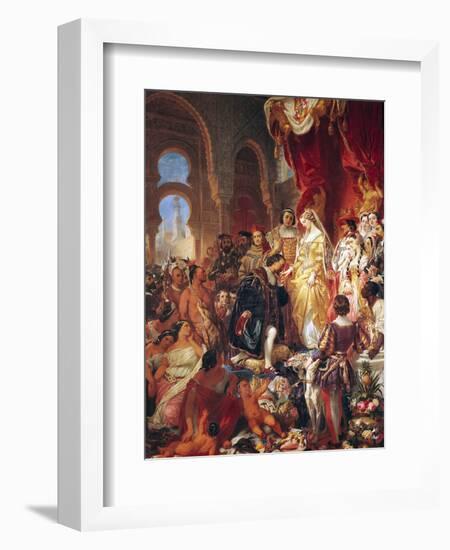 The Reception of Christopher Columbus (1450-1506) by Ferdinand II (1452-1516) of Aragon & Isabella-Eugene Deveria-Framed Giclee Print