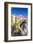 The red train on viaduct surrounded by colorful woods, Cinuos-Chel, Canton of Graubunden, Engadine,-Roberto Moiola-Framed Photographic Print