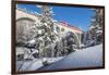 The red train on viaduct surrounded by snowy woods, Cinuos-Chel, Canton of Graubunden, Engadine, Sw-Roberto Moiola-Framed Photographic Print