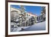 The red train on viaduct surrounded by snowy woods, Cinuos-Chel, Canton of Graubunden, Engadine, Sw-Roberto Moiola-Framed Photographic Print