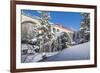 The red train on viaduct surrounded by snowy woods, Cinuos-Chel, Canton of Graubunden, Engadine, Sw-Roberto Moiola-Framed Photographic Print