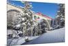 The red train on viaduct surrounded by snowy woods, Cinuos-Chel, Canton of Graubunden, Engadine, Sw-Roberto Moiola-Mounted Photographic Print