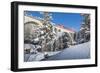 The red train on viaduct surrounded by snowy woods, Cinuos-Chel, Canton of Graubunden, Engadine, Sw-Roberto Moiola-Framed Photographic Print