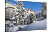 The red train on viaduct surrounded by snowy woods, Cinuos-Chel, Canton of Graubunden, Engadine, Sw-Roberto Moiola-Stretched Canvas