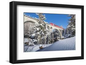 The red train on viaduct surrounded by snowy woods, Cinuos-Chel, Canton of Graubunden, Engadine, Sw-Roberto Moiola-Framed Photographic Print