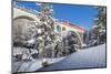 The red train on viaduct surrounded by snowy woods, Cinuos-Chel, Canton of Graubunden, Engadine, Sw-Roberto Moiola-Mounted Photographic Print