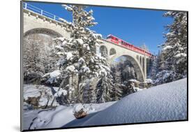 The red train on viaduct surrounded by snowy woods, Cinuos-Chel, Canton of Graubunden, Engadine, Sw-Roberto Moiola-Mounted Photographic Print