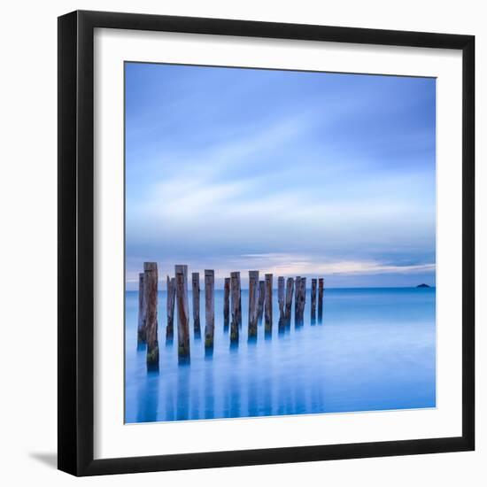 The Remains of an Old Jetty on the Beach Near Dunedin, New Zealand, Just before Dawn, Square-Travellinglight-Framed Photographic Print