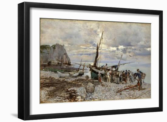 The Return of the Fishing Boats, Etretat, 1879 (Oil on Panel)-Giovanni Boldini-Framed Giclee Print