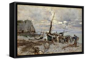 The Return of the Fishing Boats, Etretat, 1879 (Oil on Panel)-Giovanni Boldini-Framed Stretched Canvas