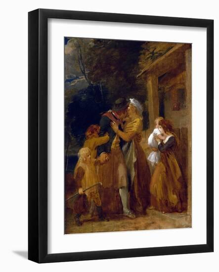 The Return of the Sailor, Reuniting with His Family on the Threshold of His Cottage. Oil on Canvas,-Thomas Stothard-Framed Giclee Print