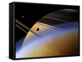 The Ringed Giant Saturn Rises Above the Haze of Titan-Stocktrek Images-Framed Stretched Canvas