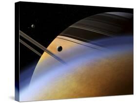 The Ringed Giant Saturn Rises Above the Haze of Titan-Stocktrek Images-Stretched Canvas