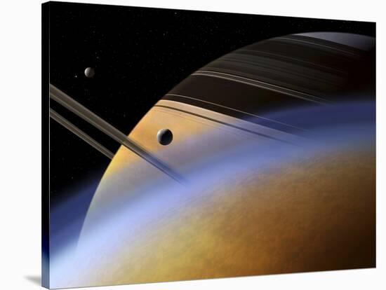 The Ringed Giant Saturn Rises Above the Haze of Titan-Stocktrek Images-Stretched Canvas