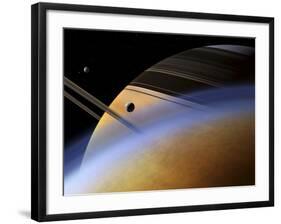 The Ringed Giant Saturn Rises Above the Haze of Titan-Stocktrek Images-Framed Photographic Print