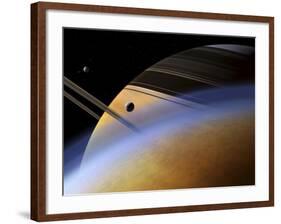 The Ringed Giant Saturn Rises Above the Haze of Titan-Stocktrek Images-Framed Photographic Print