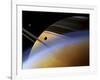 The Ringed Giant Saturn Rises Above the Haze of Titan-Stocktrek Images-Framed Photographic Print