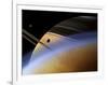 The Ringed Giant Saturn Rises Above the Haze of Titan-Stocktrek Images-Framed Photographic Print