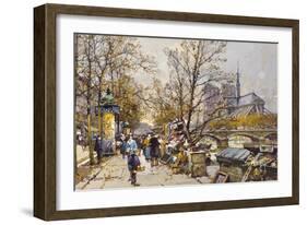 The Rive Gauche, Paris with Notre Dame beyond-Eugene Galien-Laloue-Framed Giclee Print