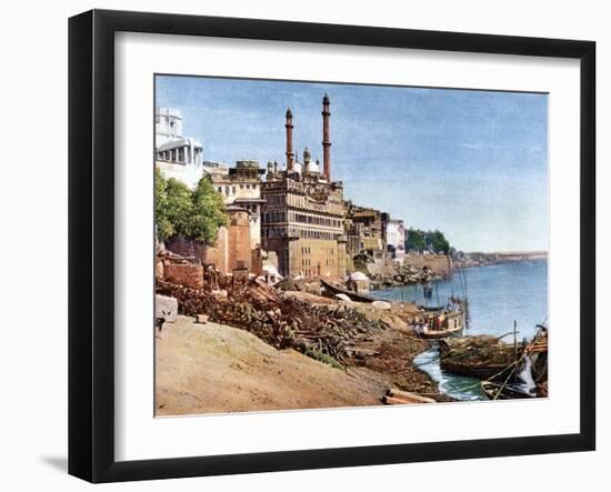 The River Ganges and the Burning Ghats at Benares (Varanas), India, Early 20th Century-null-Framed Giclee Print