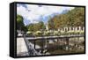 The River Odet and a Flower Decorated Bridge, Quimper, Finistere, Brittany, France, Europe-Markus Lange-Framed Stretched Canvas