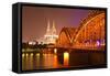 The River Rhine and Cologne Cathedral at Night, Cologne, North Rhine-Westphalia, Germany, Europe-Julian Elliott-Framed Stretched Canvas