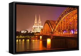 The River Rhine and Cologne Cathedral at Night, Cologne, North Rhine-Westphalia, Germany, Europe-Julian Elliott-Framed Stretched Canvas