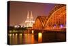 The River Rhine and Cologne Cathedral at Night, Cologne, North Rhine-Westphalia, Germany, Europe-Julian Elliott-Stretched Canvas