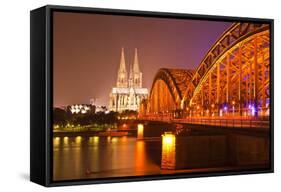 The River Rhine and Cologne Cathedral at Night, Cologne, North Rhine-Westphalia, Germany, Europe-Julian Elliott-Framed Stretched Canvas