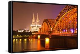 The River Rhine and Cologne Cathedral at Night, Cologne, North Rhine-Westphalia, Germany, Europe-Julian Elliott-Framed Stretched Canvas