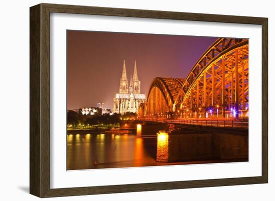 The River Rhine and Cologne Cathedral at Night, Cologne, North Rhine-Westphalia, Germany, Europe-Julian Elliott-Framed Photographic Print