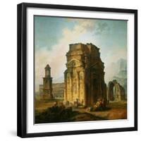 The ruins of the Roman triumphal arch and the theatre at Orange, France. 1787.-Hubert Robert-Framed Giclee Print