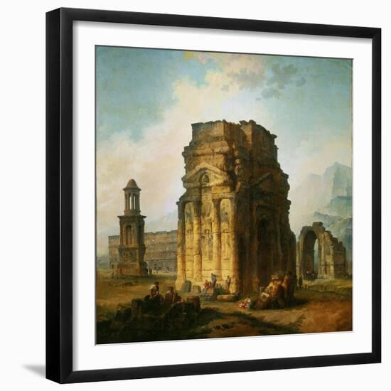 The ruins of the Roman triumphal arch and the theatre at Orange, France. 1787.-Hubert Robert-Framed Giclee Print