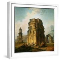 The ruins of the Roman triumphal arch and the theatre at Orange, France. 1787.-Hubert Robert-Framed Giclee Print