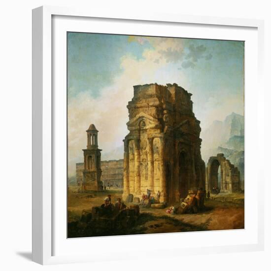 The ruins of the Roman triumphal arch and the theatre at Orange, France. 1787.-Hubert Robert-Framed Giclee Print