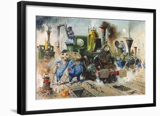 The Running Sheds of the Great Caerphilly and Vole-Tail Central Railway-Terence Cuneo-Framed Premium Giclee Print