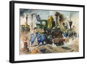 The Running Sheds of the Great Caerphilly and Vole-Tail Central Railway-Terence Cuneo-Framed Premium Giclee Print