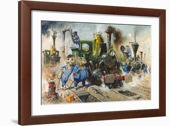 The Running Sheds of the Great Caerphilly and Vole-Tail Central Railway-Terence Cuneo-Framed Premium Giclee Print