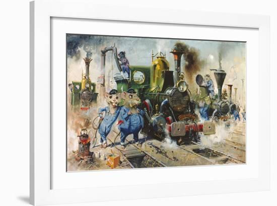 The Running Sheds of the Great Caerphilly and Vole-Tail Central Railway-Terence Cuneo-Framed Premium Giclee Print