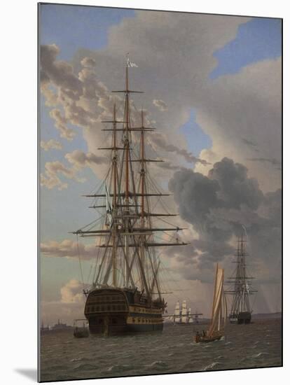 The Russian Ship of the Line "Asow" and a Frigate at Anchor in the Roads of Elsinore, 1828-Christoffer-wilhelm Eckersberg-Mounted Giclee Print