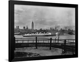 The S.S. Mauretania and New York City Skyline-null-Framed Photographic Print