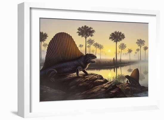 The Sailed-Back Dimetrodon Sunbathes in a Primordial Swamp-null-Framed Art Print