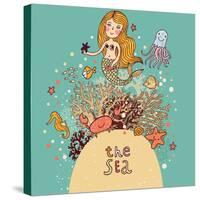 The Sea Bright Cartoon with Mermaid, Octopus, Fishes, Crab and Sea Horse near Coral-smilewithjul-Stretched Canvas