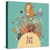 The Sea Bright Cartoon with Mermaid, Octopus, Fishes, Crab and Sea Horse near Coral-smilewithjul-Stretched Canvas